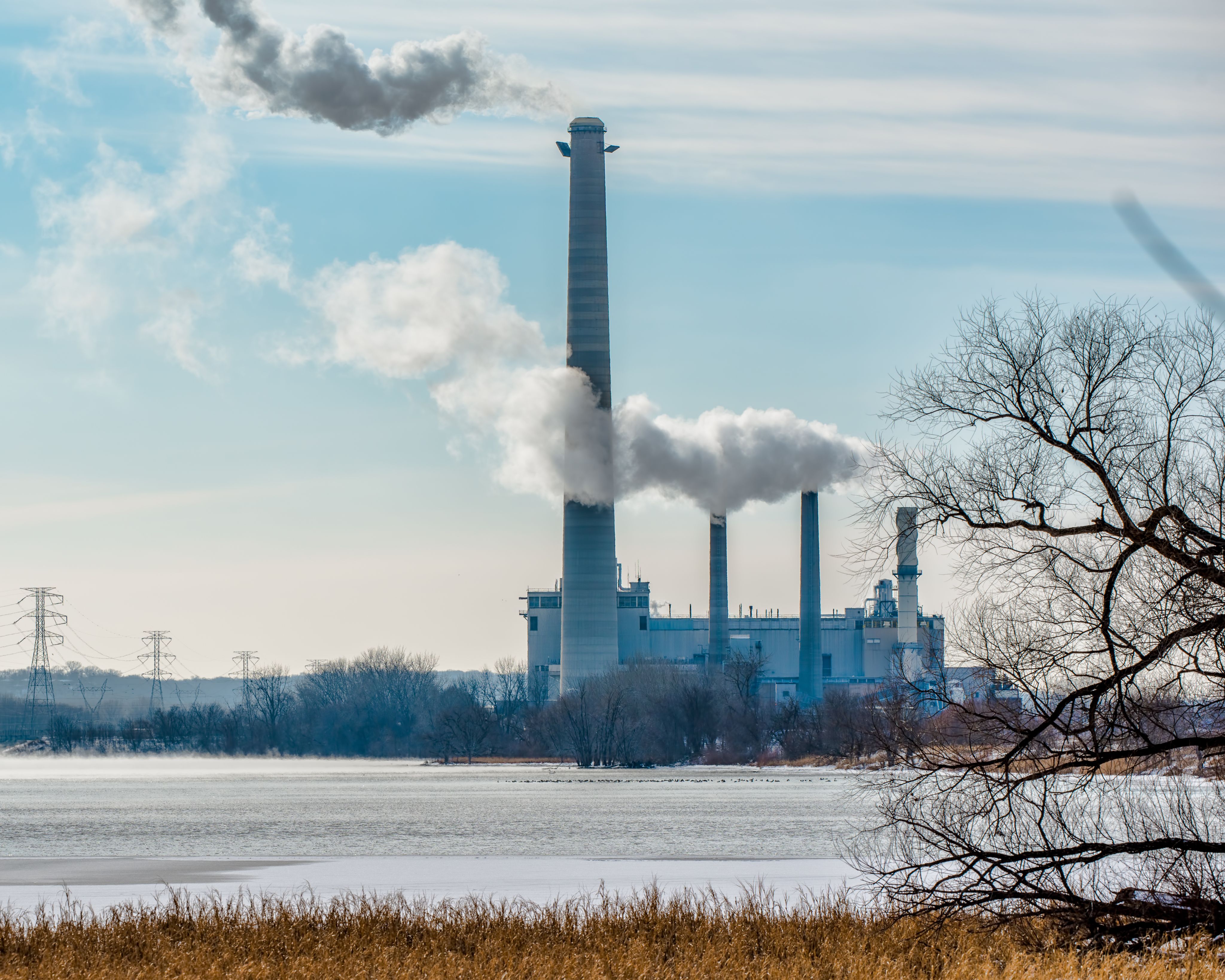 a row of power lines in the middle of a field